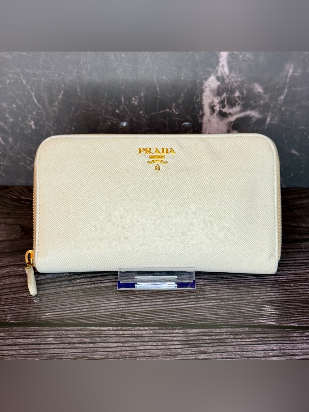 Prada White Saffiano Leather Zip Around Wallet Gold Hardware Long Wallet